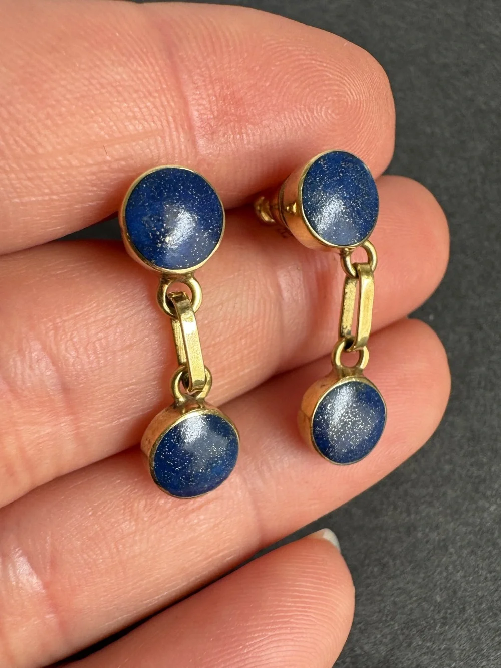 Vintage 14K Gold Earrings Lapis Lazuli Pierced Drop Stud Minimalist‎ Dainty